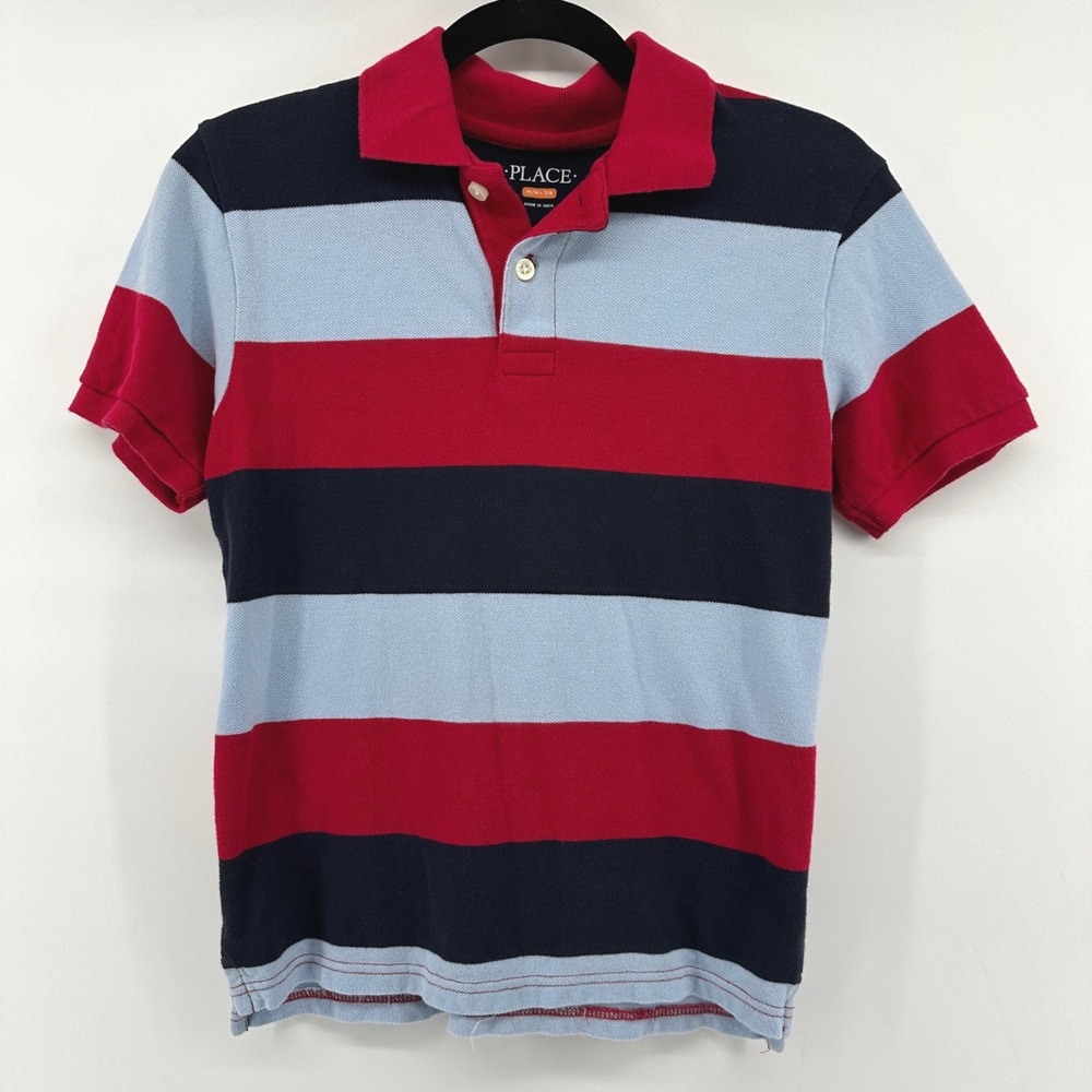 The Childrens Place Boys Red Navy Blue Striped Cotton Polo Shirt Size M 7/8